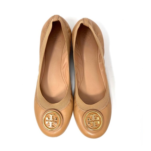 Tory Burch‎ Caroline Beige LeatherElastic Logo Ballet Flats Size 8.5